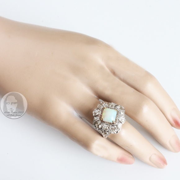 Art Deco Cocktail Ring Opal and Diamond Vintage Platinum Rare Early 20th C - Picture 3 of 16